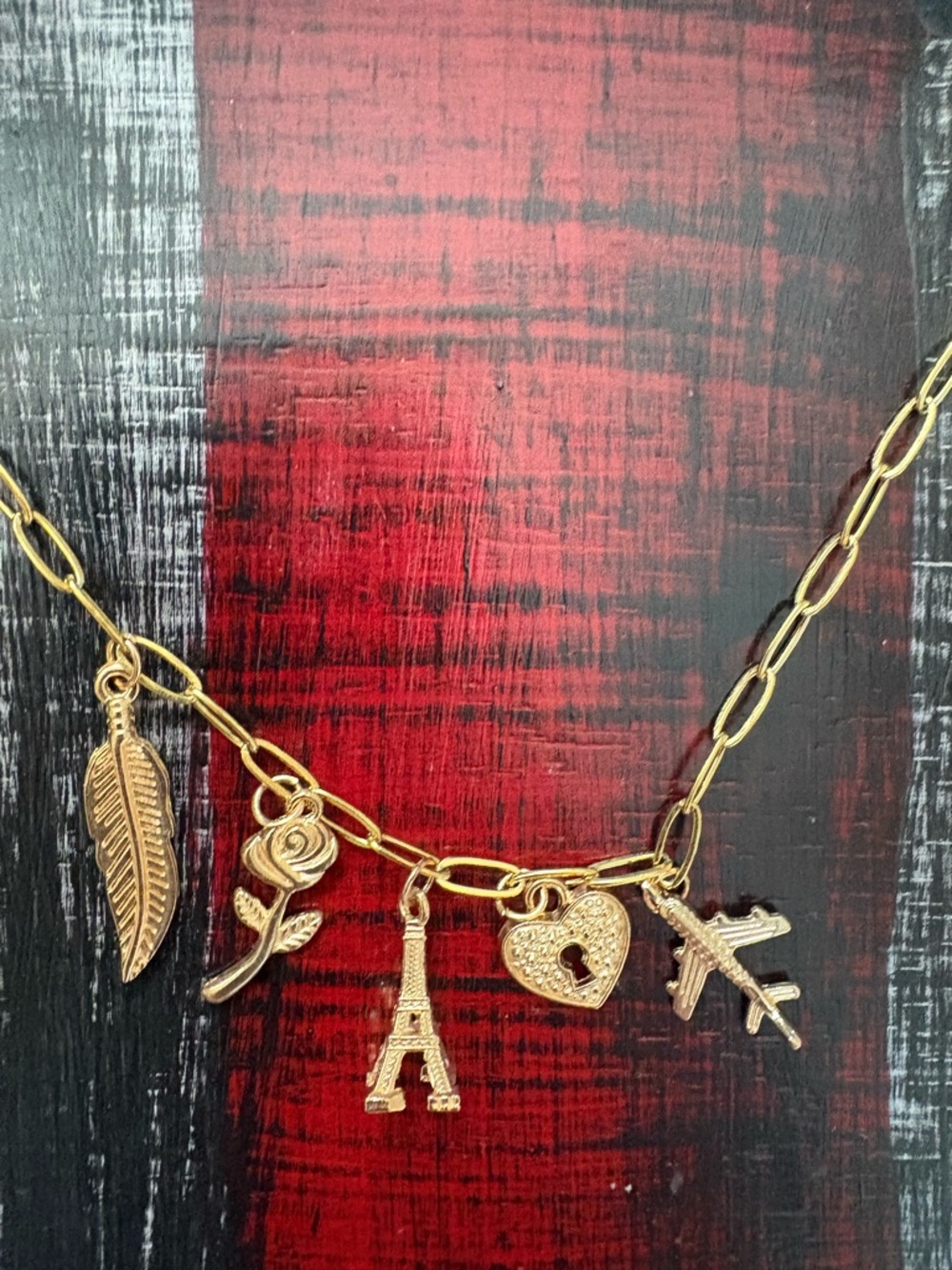 Gold Charm Necklace with Eiffel Tower, Heart, Rose, Feather & Airplane